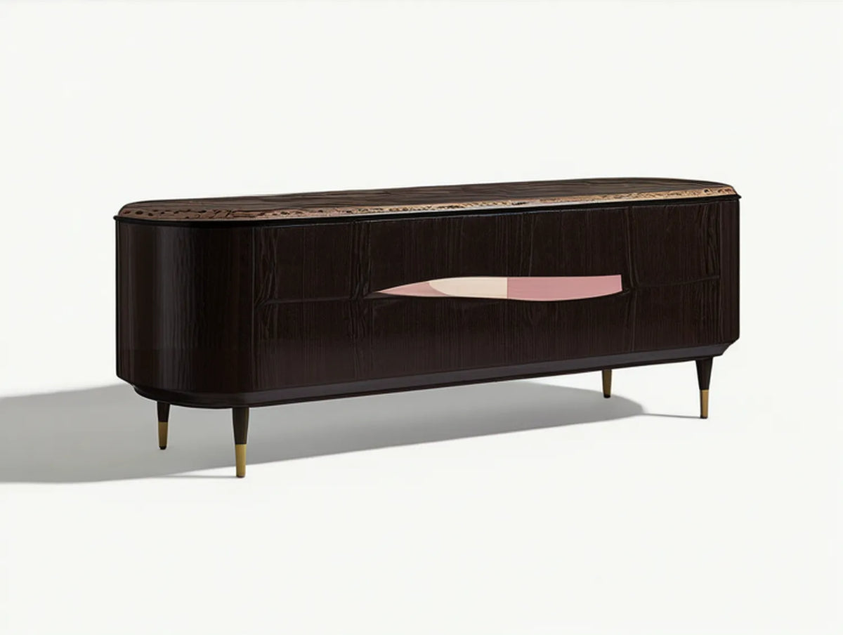 Dark Brown Walnut-Look TV Stand with Pink Handle and Gold Feet, 70.9 x 17.7 x 29.5 in