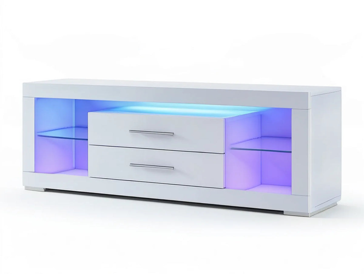White LED TV Stand with 2 Drawers, Tempered Glass Shelves, Blue/Purple Lighting, 63 x 15.7 x 17.7 in
