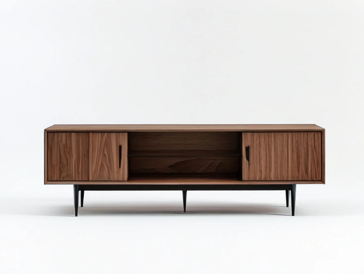 Mid-Century Modern Walnut Brown Media Console with Black Steel Legs, 70.9 x 15.7 x 22.0 in