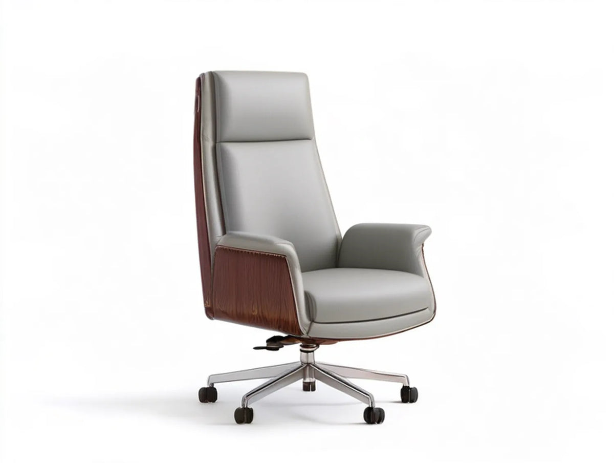 High-Back Executive Office Chair, Gray PU Leather with Walnut Veneer Panels, 27.5 x 29 x 45.5-48.5 in