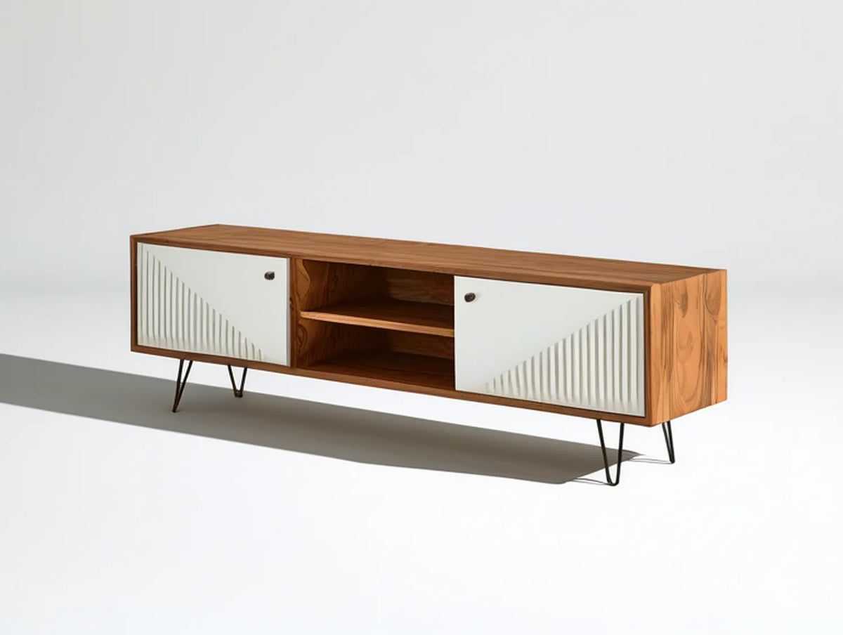 70.9 x 15.7 x 21.7 in Walnut Brown and White TV Stand with 2 Doors, Open Shelves, and Black Hairpin Legs