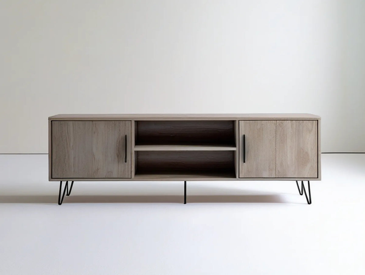 Gray Oak and Black Engineered Wood Media Console, 59.1 x 15.7 x 23.6 in