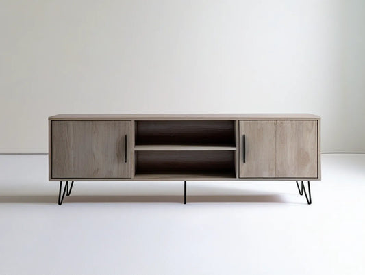 Gray Oak and Black Engineered Wood Media Console, 59.1 x 15.7 x 23.6 in