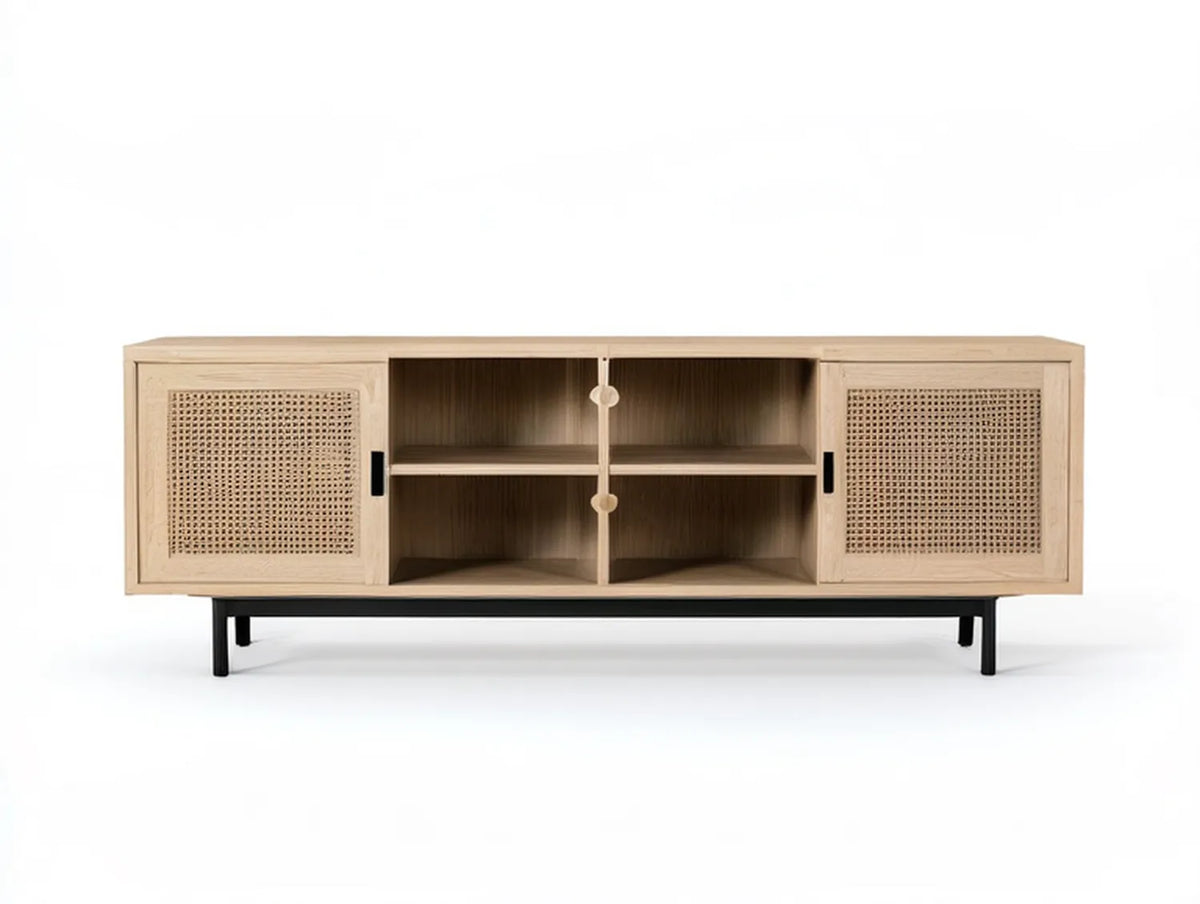 70 in Natural Oak Veneer Media Console with Rattan Sliding Doors and Black Steel Legs