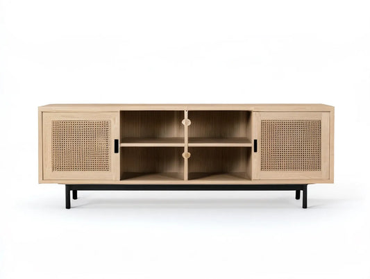 70 in Natural Oak Veneer Media Console with Rattan Sliding Doors and Black Steel Legs