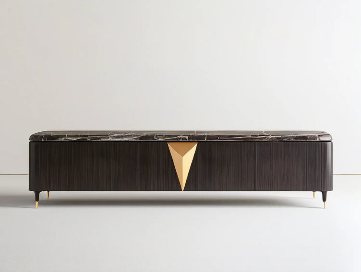 Modern TV Stand, 70.9 x 15.7 x 21.7 in, Dark Brown Engineered Wood with Black Marble Top and Gold Accents