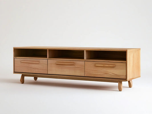 Mid-Century Modern Solid Oak TV Stand with 3 Drawers and 3 Open Compartments, Natural Oak, 70.9 x 15.7 x 21.7 in