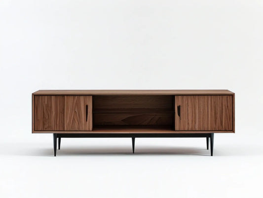 Mid-Century Modern Walnut Brown Media Console with Black Steel Legs, 70.9 x 15.7 x 22.0 in
