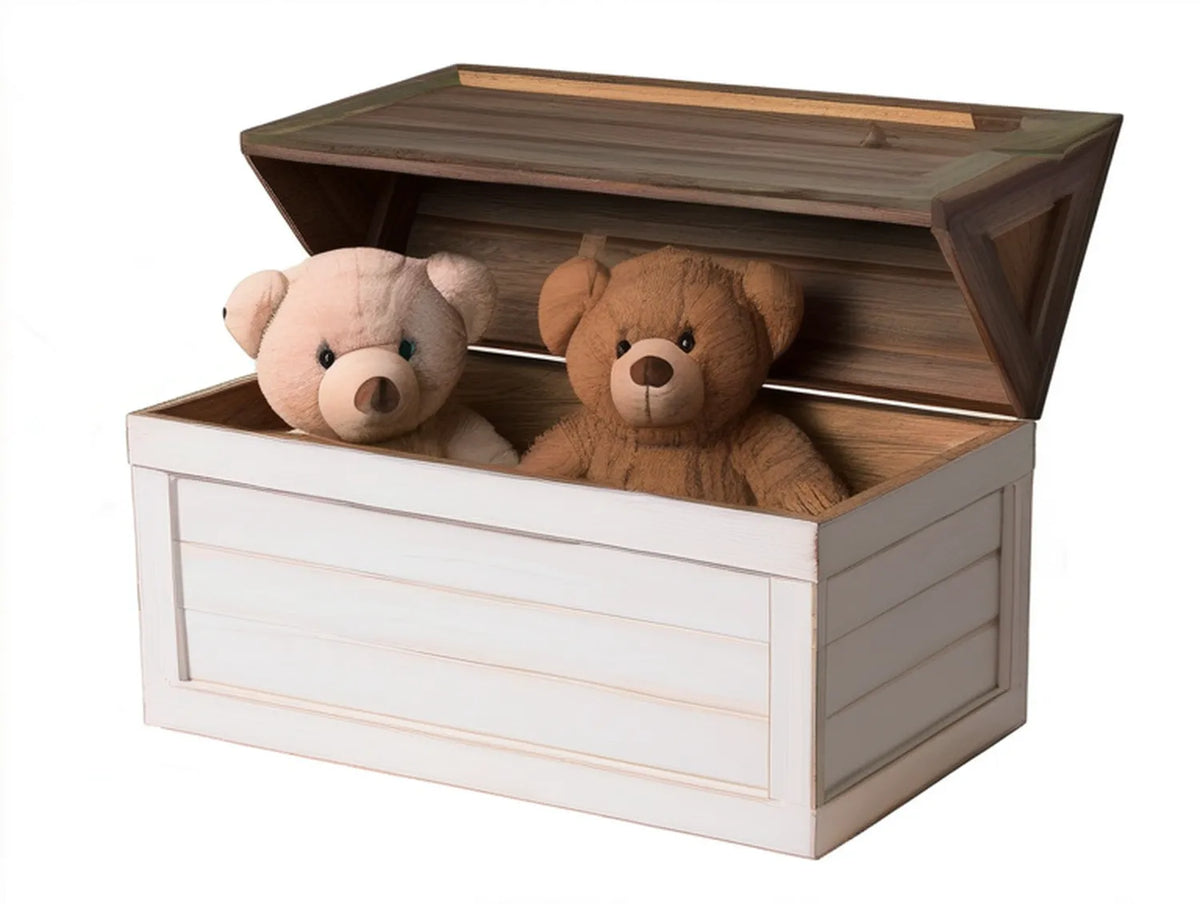 White and Brown Wooden Toy Storage Chest with Hinged Lid, 31.5 x 15.7 x 18.1 in