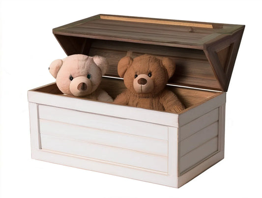 White and Brown Wooden Toy Storage Chest with Hinged Lid, 31.5 x 15.7 x 18.1 in