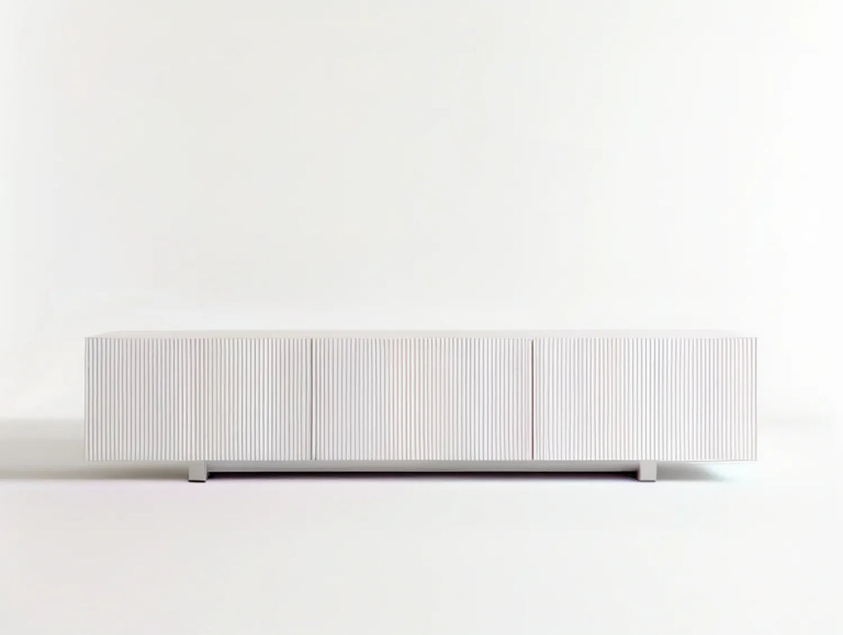 71 in White Fluted MDF TV Stand with 4 Doors, 71 in W x 15.7 in D x 19.7 in H