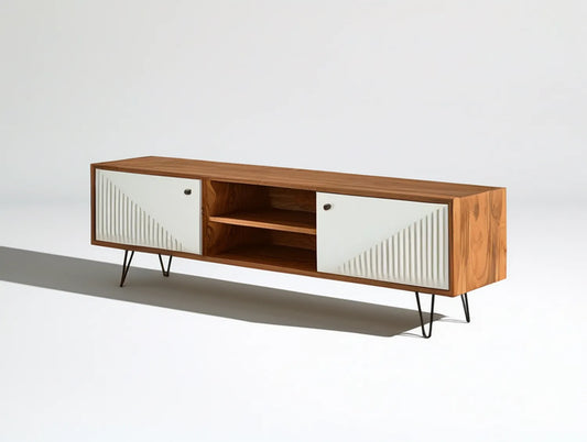 70.9 x 15.7 x 21.7 in Walnut Brown and White TV Stand with 2 Doors, Open Shelves, and Black Hairpin Legs