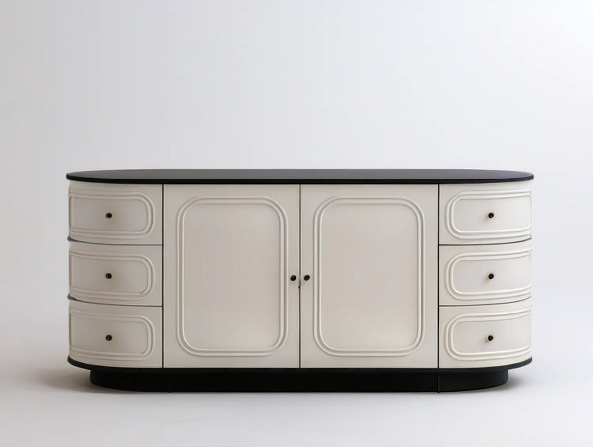70 x 18 x 30 in Cream and Black Engineered Wood Media Console with 6 Drawers